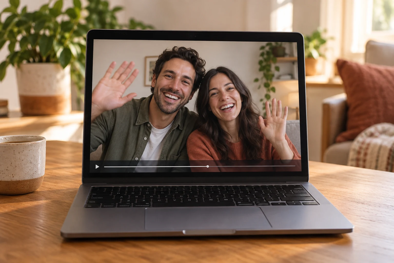 A laptop playing a personal video greeting from two friends